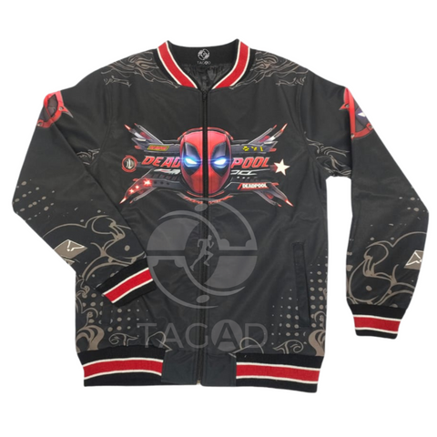 Black Marvel Deadpool Softshell Varsity Jacket for Kids, Teens, and Adults – Lightweight Waterproof Bomber with Graphic Print and Red Trim

