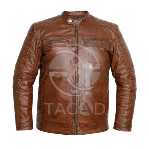 Men’s Vintage Brown Leather Biker Jacket – Real Cowhide Motorcycle Outerwear with Zippered Pockets and Snap Tab Collar