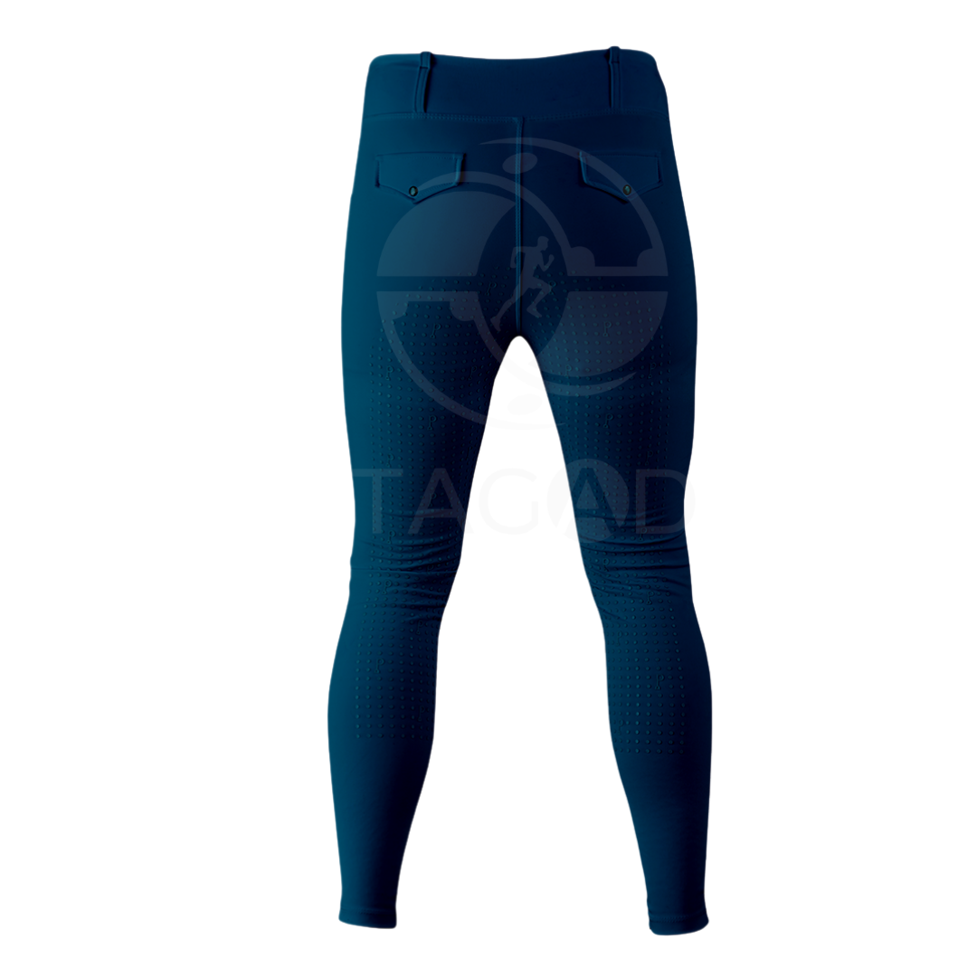  Back view of equestrian pants in navy tone with silicone grip, ideal for both men and women riders.
